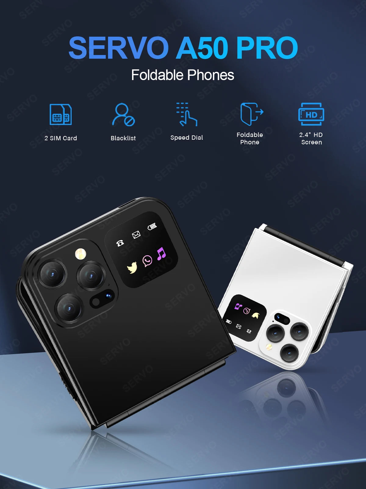 SERVO A50 PRO Flip Mobile Phone 2 SIM Standby Speed Dial Call Recording Blacklist Flashlight 2.4" Display 2G Foldable Cellphones
