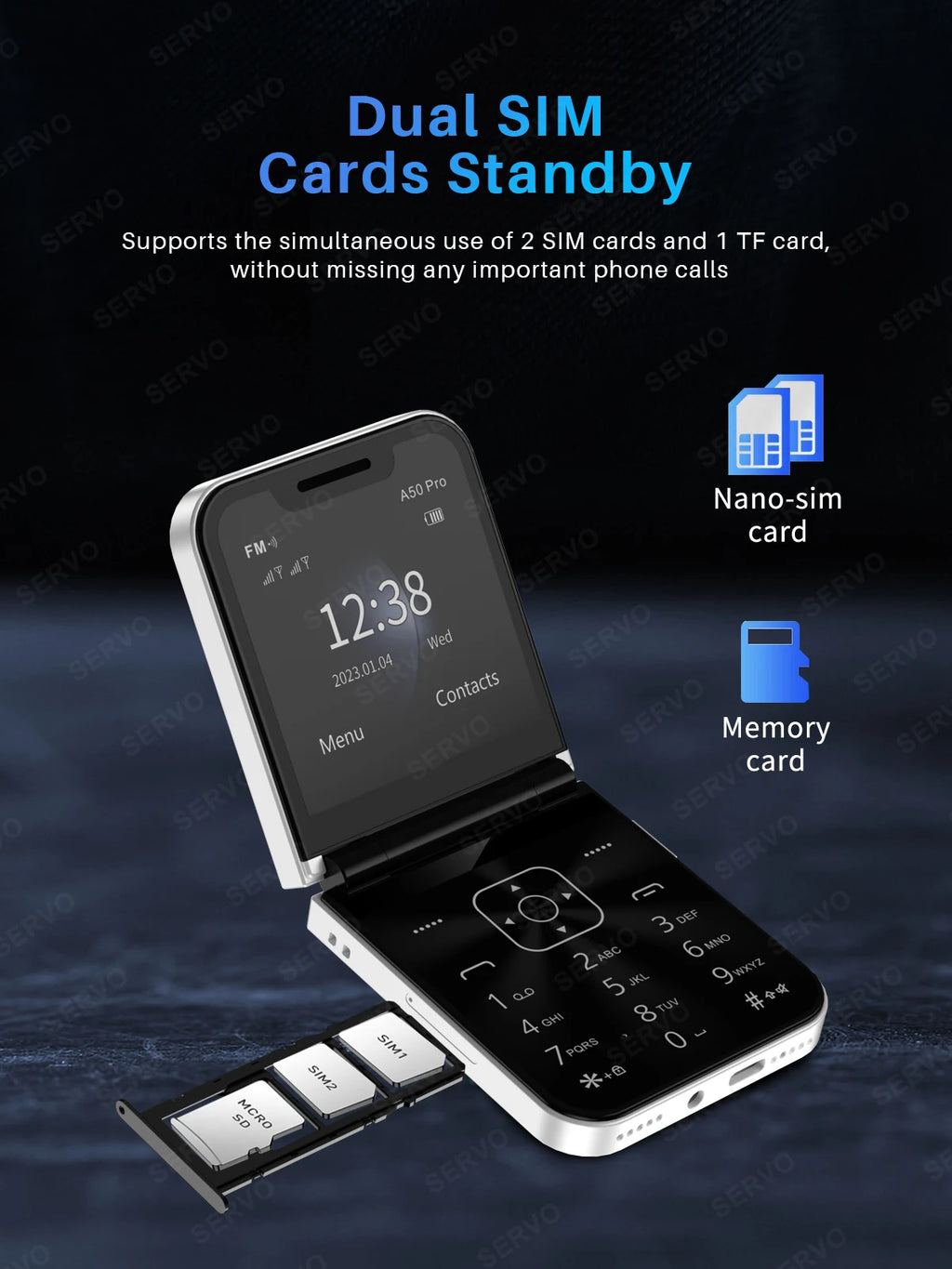 SERVO A50 PRO Flip Mobile Phone 2 SIM Standby Speed Dial Call Recording Blacklist Flashlight 2.4" Display 2G Foldable Cellphones