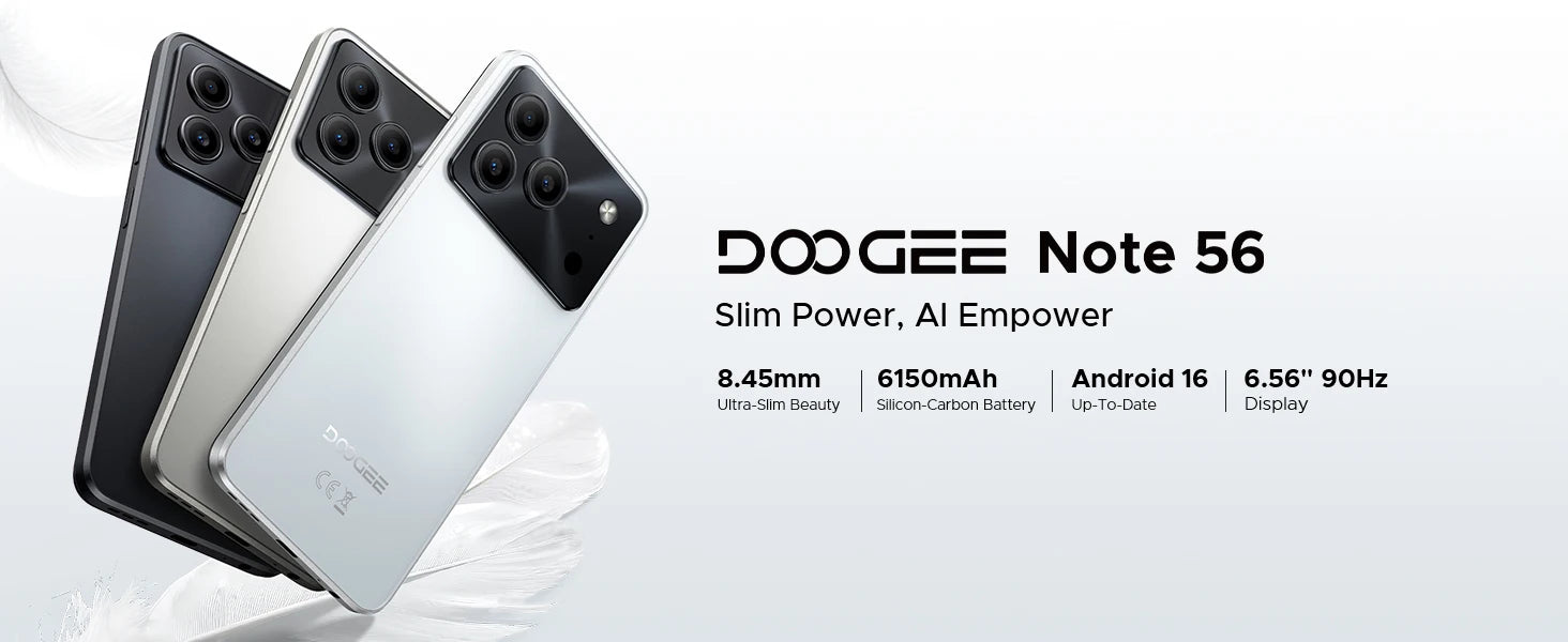 DOOGEE Note 56 Latest Android 16 Smartphone 6.56" 6150mAh Large Battery 24GB RAM(3+21) 64GB ROM Support Face Unlock Mobilephone