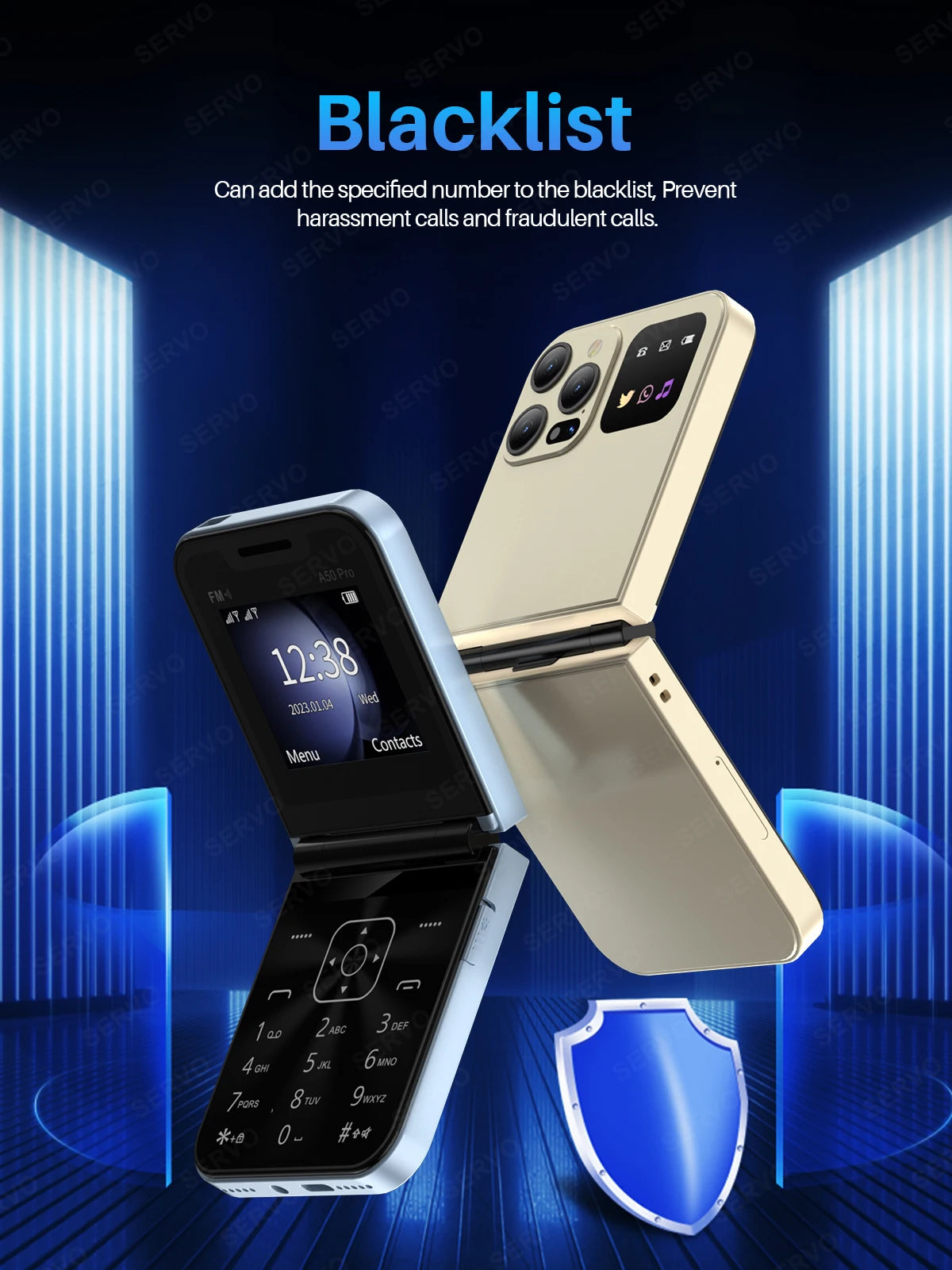 SERVO A50 PRO Flip Mobile Phone 2 SIM Standby Speed Dial Call Recording Blacklist Flashlight 2.4" Display 2G Foldable Cellphones