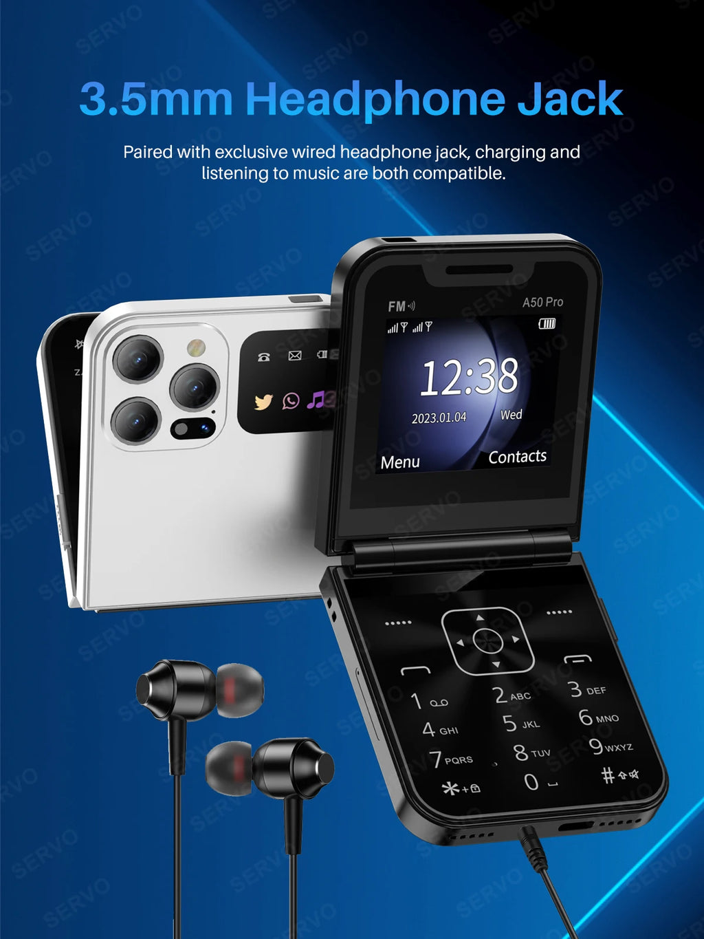 SERVO A50 PRO Flip Mobile Phone 2 SIM Standby Speed Dial Call Recording Blacklist Flashlight 2.4" Display 2G Foldable Cellphones