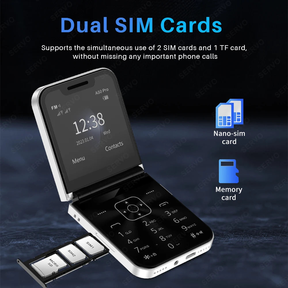 SERVO A50 PRO Flip Mobile Phone 2 SIM Standby Speed Dial Call Recording Blacklist Flashlight 2.4" Display 2G Foldable Cellphones