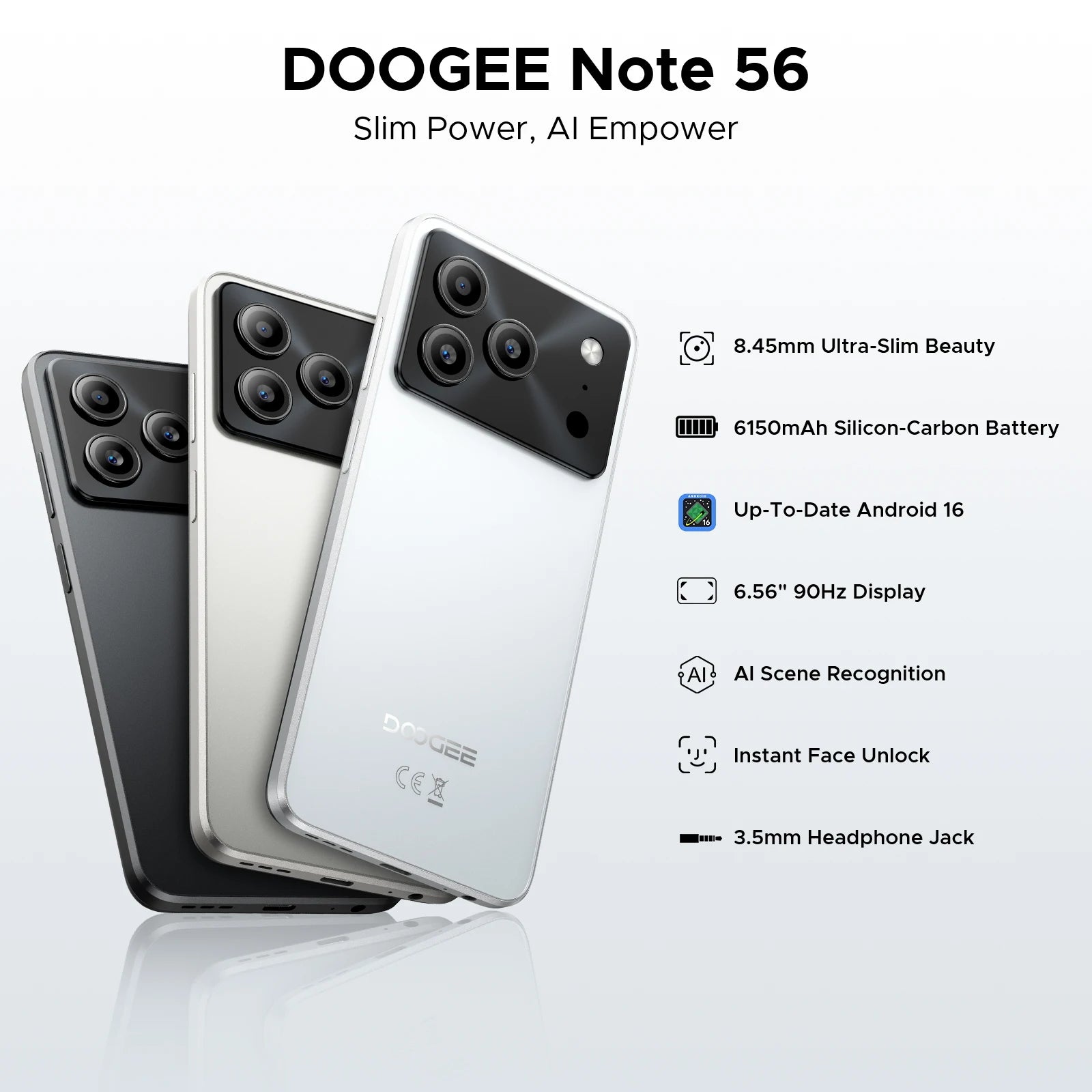 DOOGEE Note 56 Latest Android 16 Smartphone 6.56" 6150mAh Large Battery 24GB RAM(3+21) 64GB ROM Support Face Unlock Mobilephone