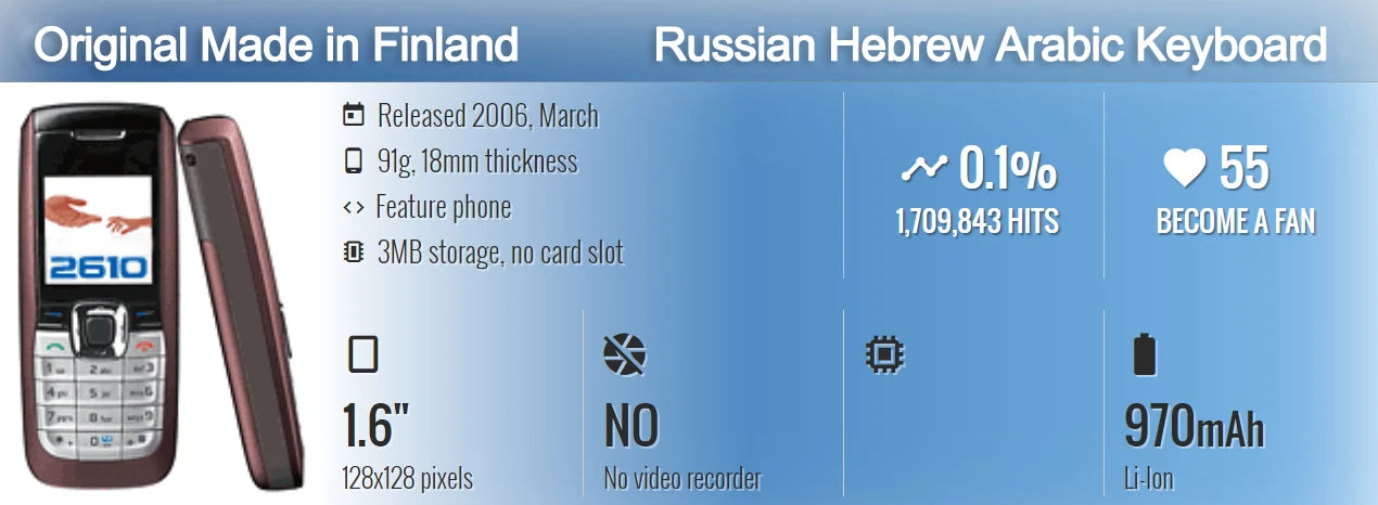 Original Unlocked 2610 Loudspeaker Cell Phone Russian Arabic Hebrew Keyboard Made in Finland