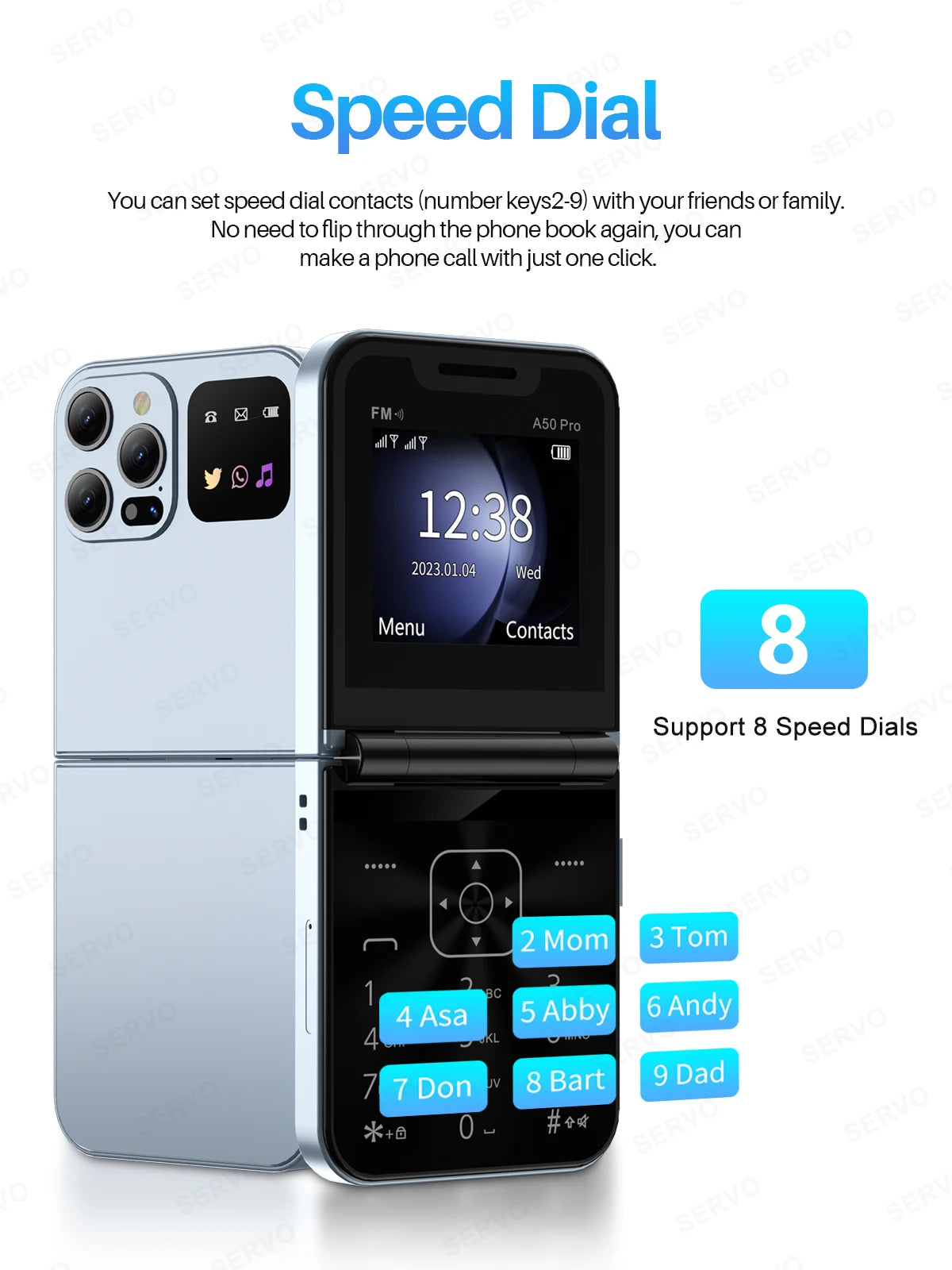 SERVO A50 PRO Flip Mobile Phone 2 SIM Standby Speed Dial Call Recording Blacklist Flashlight 2.4" Display 2G Foldable Cellphones