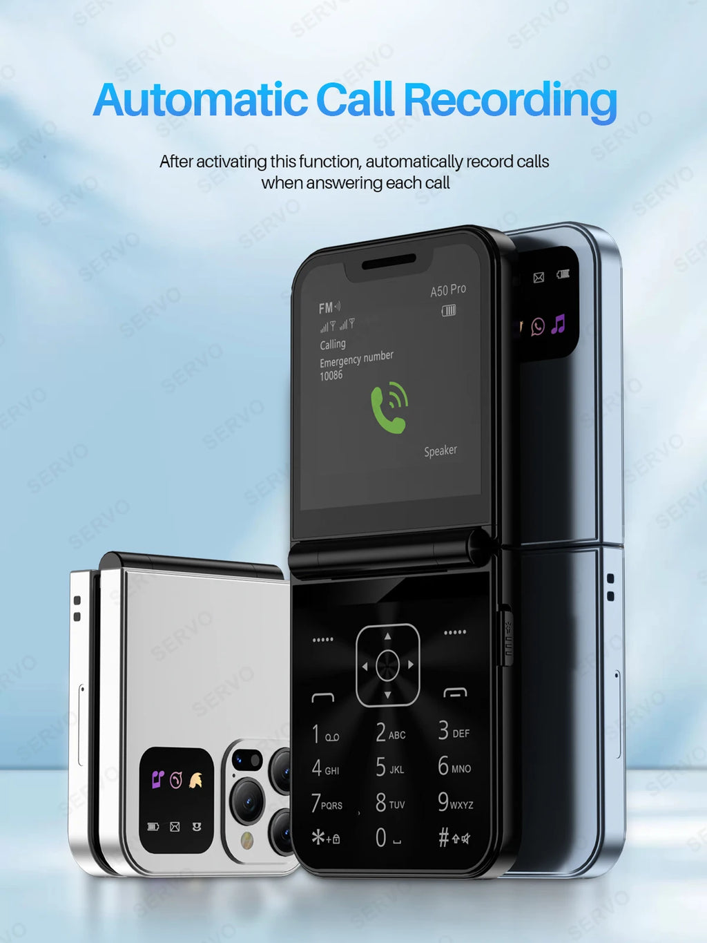 SERVO A50 PRO Flip Mobile Phone 2 SIM Standby Speed Dial Call Recording Blacklist Flashlight 2.4" Display 2G Foldable Cellphones