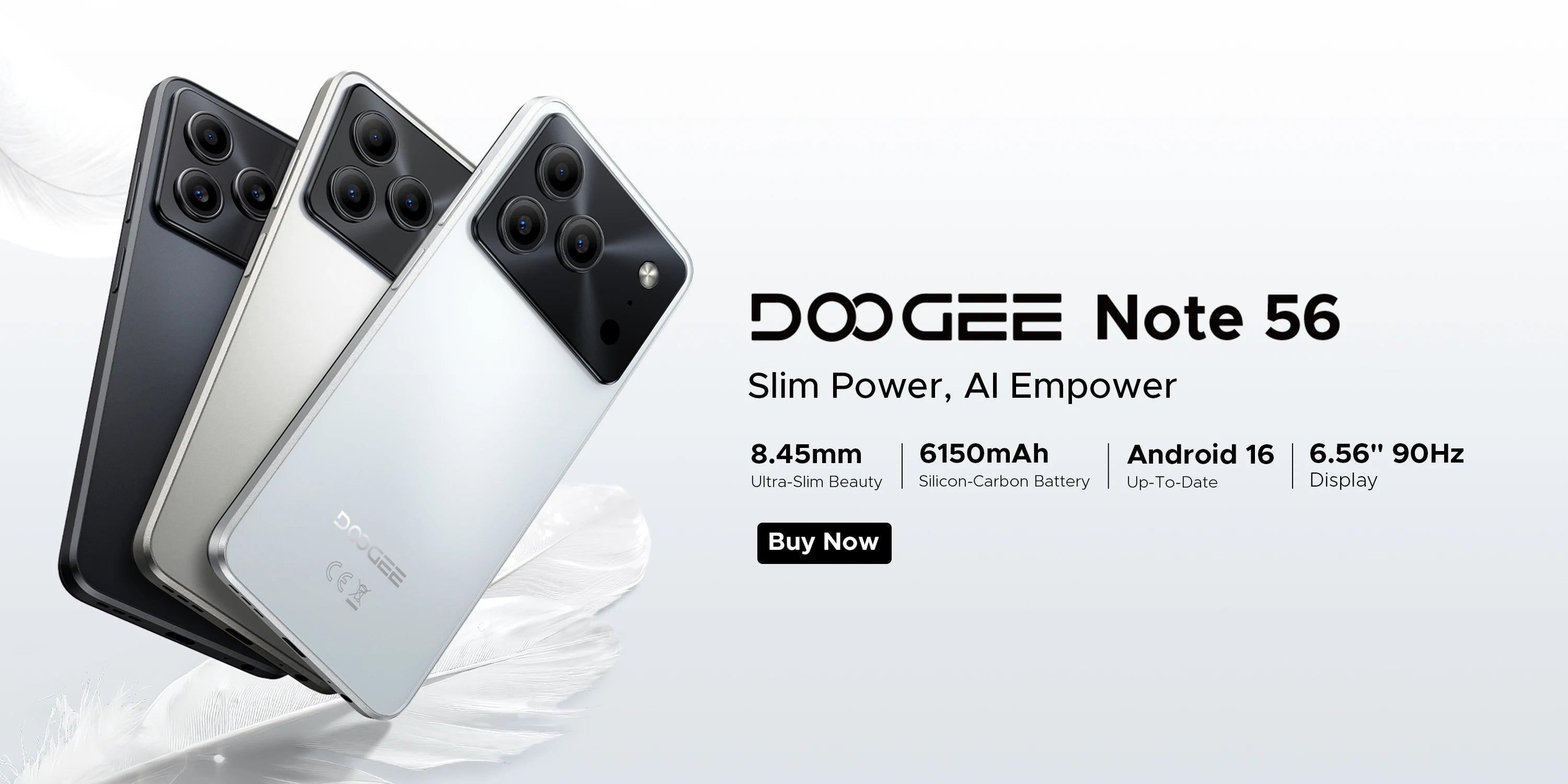 DOOGEE Note 56 Latest Android 16 Smartphone 6.56" 6150mAh Large Battery 24GB RAM(3+21) 64GB ROM Support Face Unlock Mobilephone