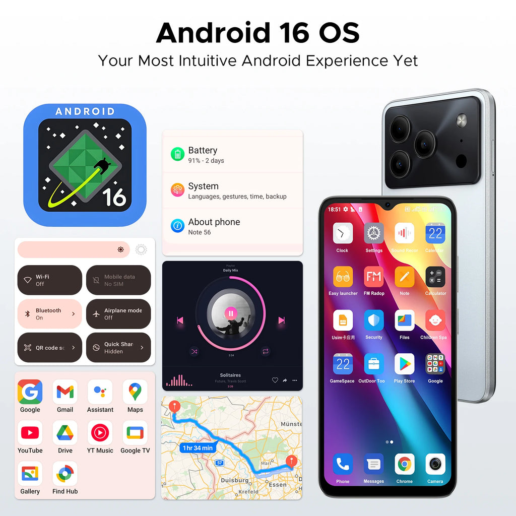 DOOGEE Note 56 Latest Android 16 Smartphone 6.56" 6150mAh Large Battery 24GB RAM(3+21) 64GB ROM Support Face Unlock Mobilephone