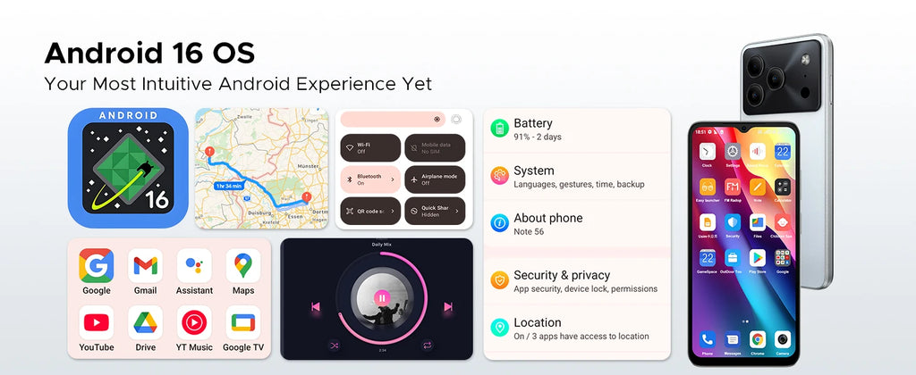 DOOGEE Note 56 Latest Android 16 Smartphone 6.56" 6150mAh Large Battery 24GB RAM(3+21) 64GB ROM Support Face Unlock Mobilephone