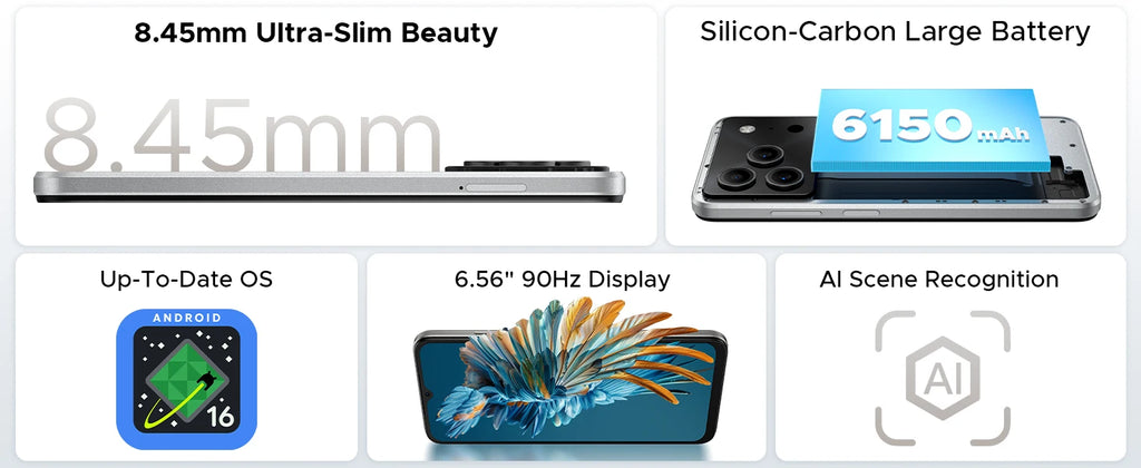 DOOGEE Note 56 Latest Android 16 Smartphone 6.56" 6150mAh Large Battery 24GB RAM(3+21) 64GB ROM Support Face Unlock Mobilephone