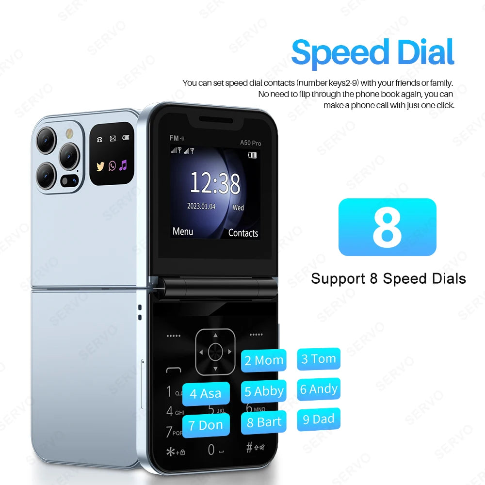 SERVO A50 PRO Flip Mobile Phone 2 SIM Standby Speed Dial Call Recording Blacklist Flashlight 2.4" Display 2G Foldable Cellphones